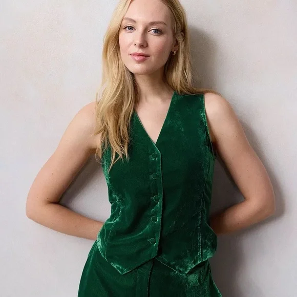NWT LC Lauren Conrad Velvet V-Neck Vest Green Size L - Picture 3 of 6